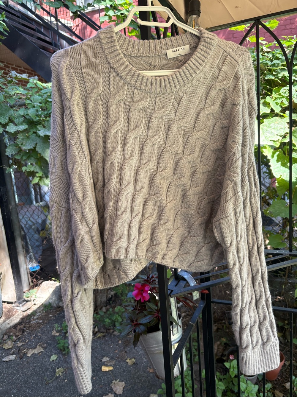 Babaton Cropped Cable-Knit Crewneck Sweater - Light Taupe